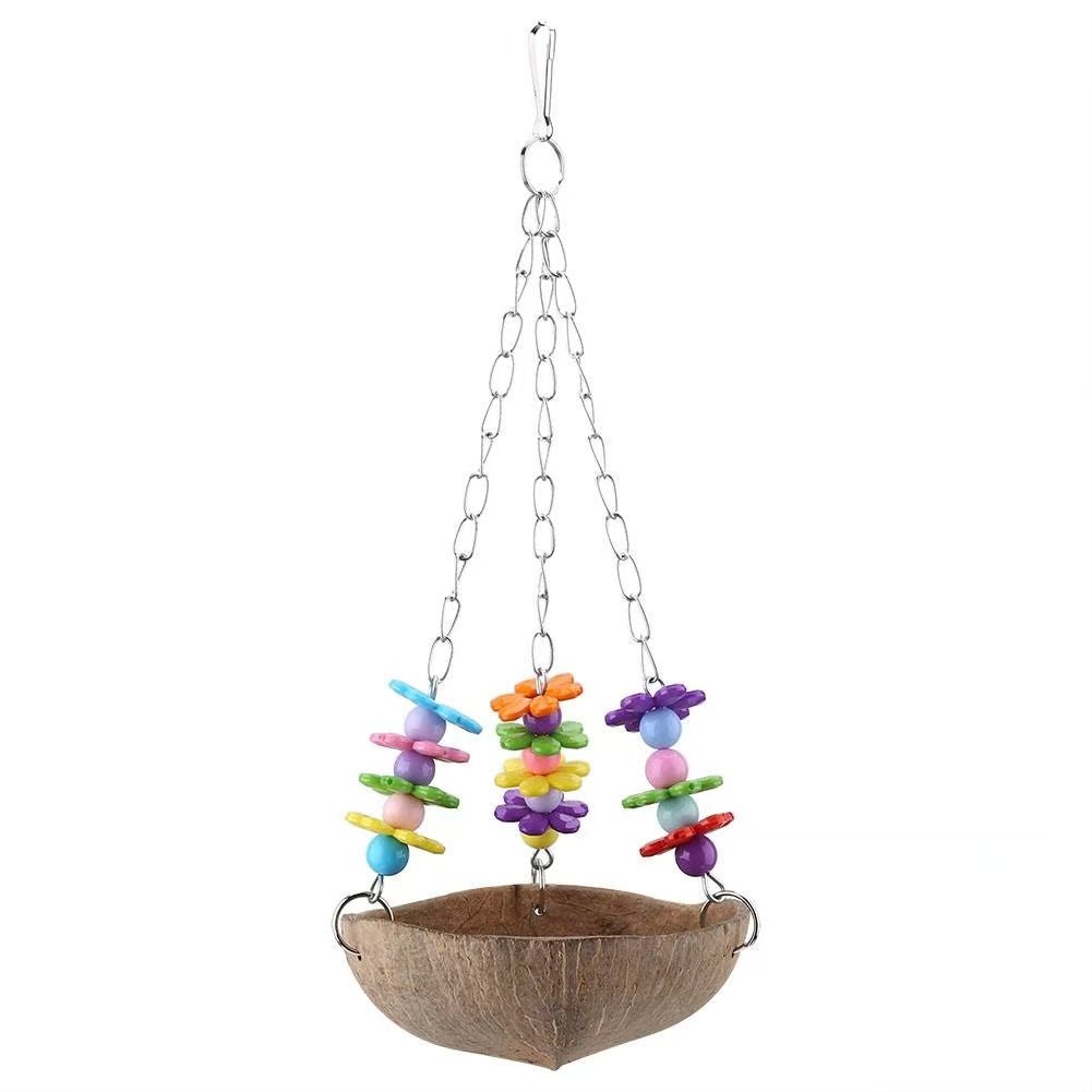 Parrot Coconut Shell Swing Bed - Bird Hanging Toy & Sleeping Nest (Coconut Shell 10-15cm, Total Height 30cm)