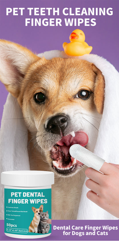 Pet Dental Finger Wipes for Dogs & Cats – 50 Pcs Teeth Cleaning Wipes with Tea Polyphenol, Unscented Tartar & Plaque Remover