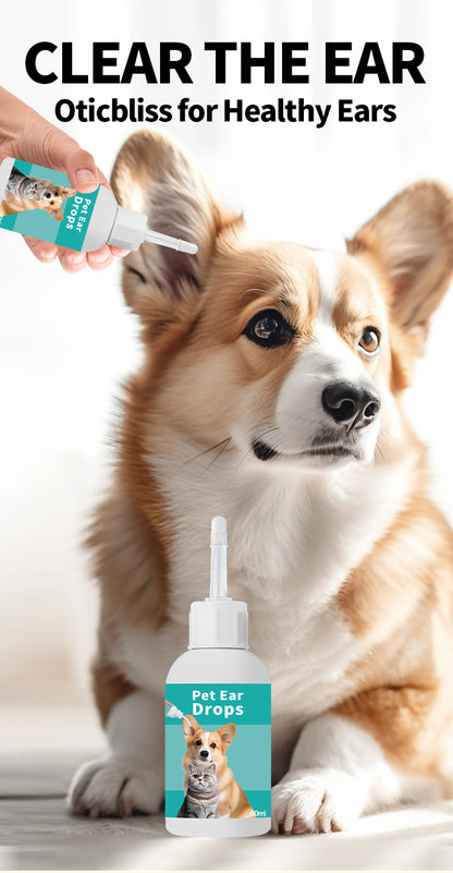 Oticbliss Pet Ear Drops for Dogs & Cats – Gentle Ear Cleaner to Remove Wax, Dirt & Debris with Silicone Bend Tip