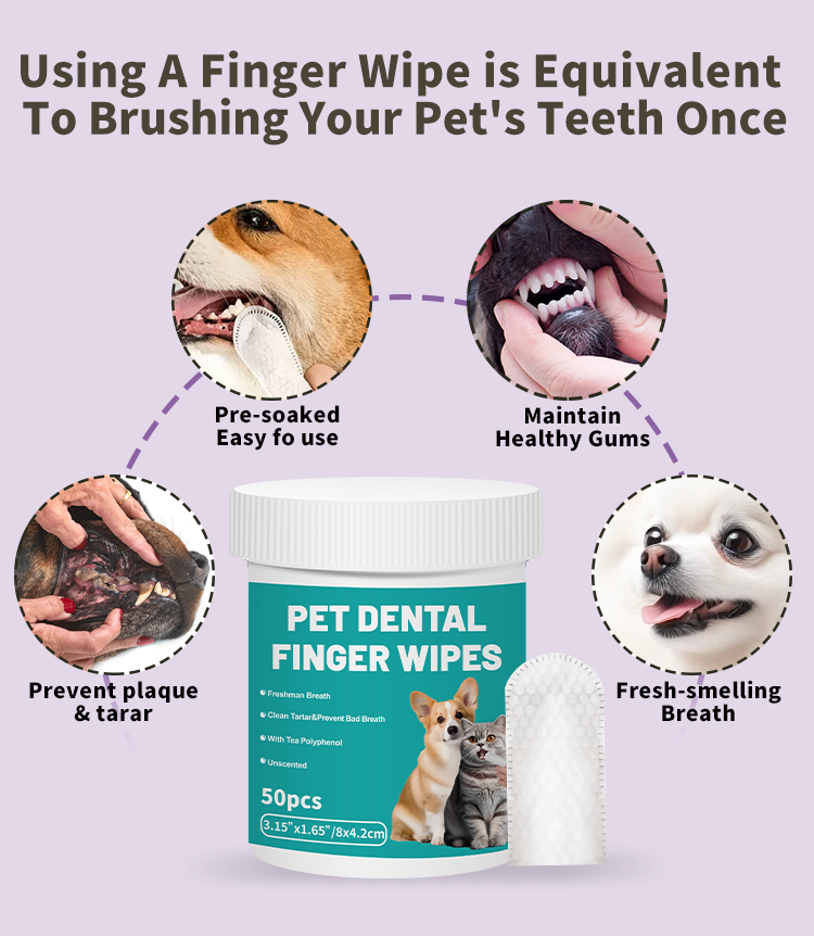 Pet Dental Finger Wipes for Dogs & Cats – 50 Pcs Teeth Cleaning Wipes with Tea Polyphenol, Unscented Tartar & Plaque Remover