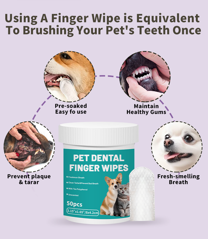 Pet Dental Finger Wipes for Dogs & Cats – 50 Pcs Teeth Cleaning Wipes with Tea Polyphenol, Unscented Tartar & Plaque Remover