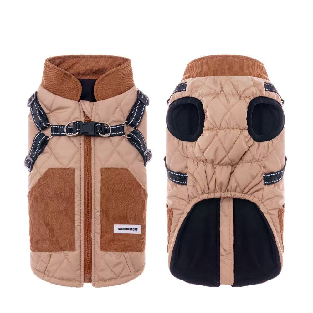 Quilted Dog Winter Coat Padded PP Cotton Windproof Pet Jacket Leash-Ready S-2XL