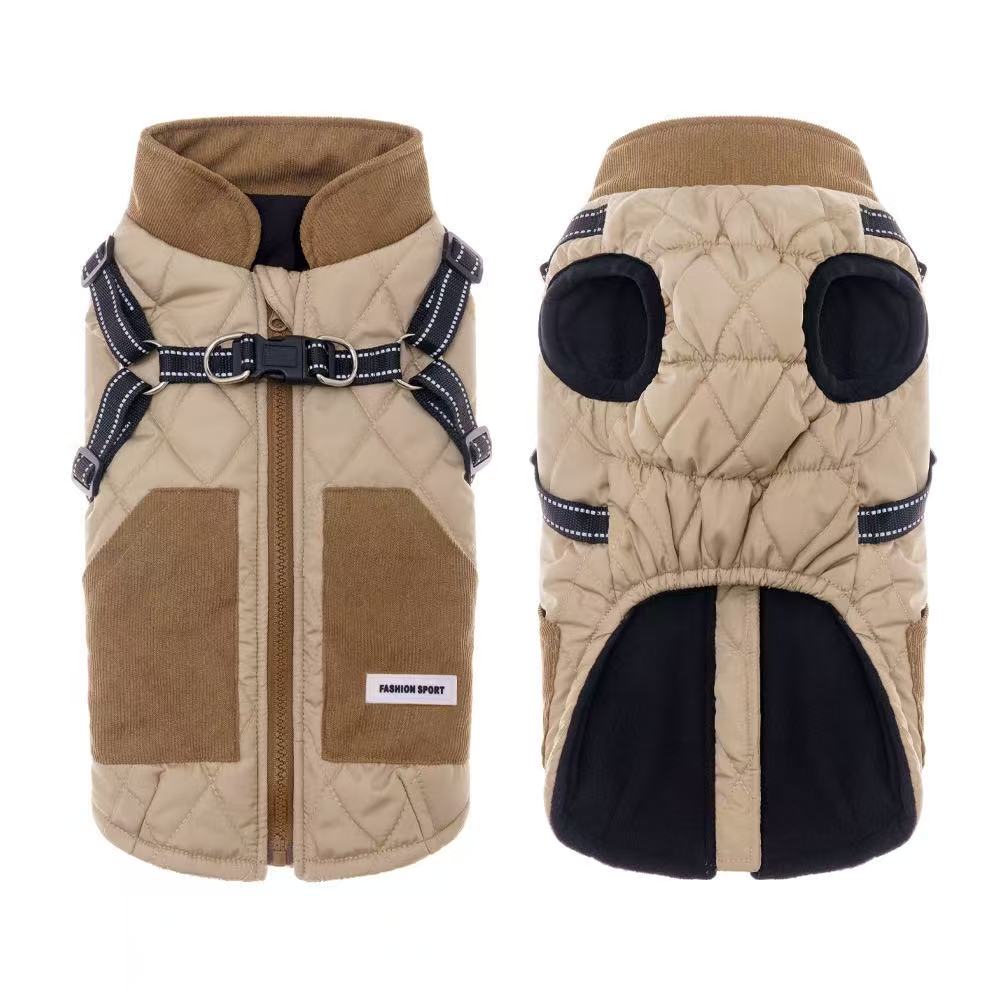 Quilted Dog Winter Coat Padded PP Cotton Windproof Pet Jacket Leash-Ready S-2XL