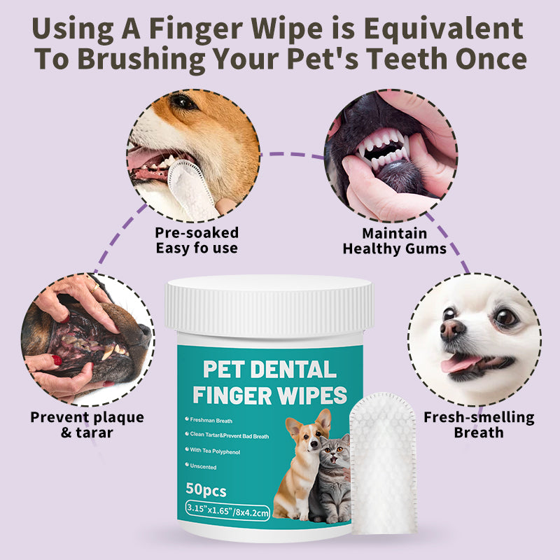Pet Dental Finger Wipes for Dogs & Cats – 50 Pcs Teeth Cleaning Wipes with Tea Polyphenol, Unscented Tartar & Plaque Remover