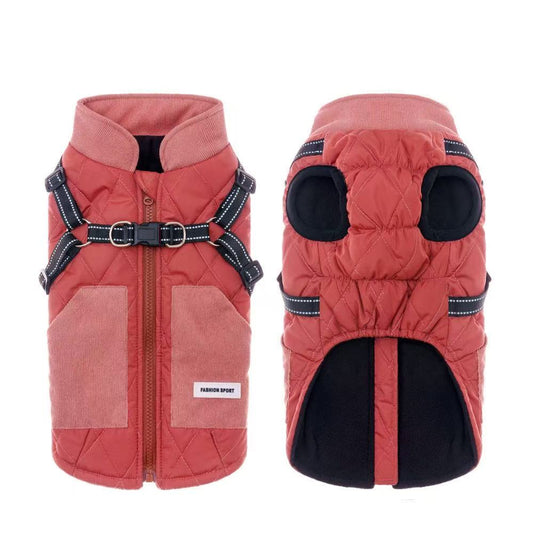 Quilted Dog Winter Coat Padded PP Cotton Windproof Pet Jacket Leash-Ready S-2XL