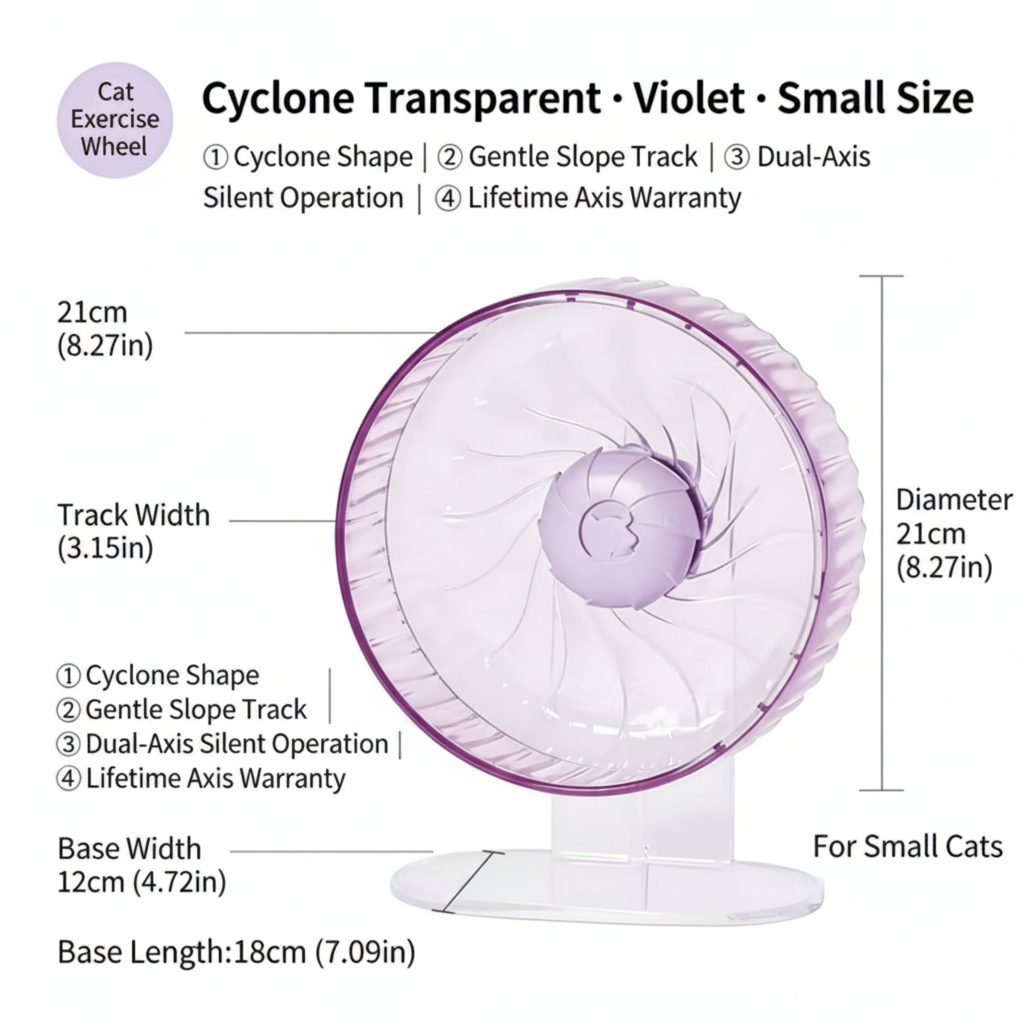 PawsCyclone Small Transparent Cat Exercise Wheel - Silent Dual-Axis with Adjustable Stand