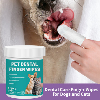 Pet Dental Finger Wipes for Dogs & Cats – 50 Pcs Teeth Cleaning Wipes with Tea Polyphenol, Unscented Tartar & Plaque Remover