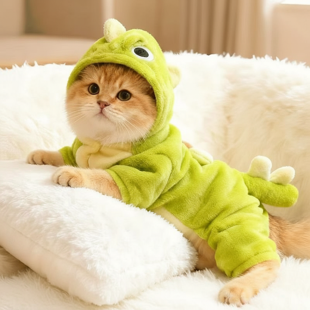 Cute Dinosaur Pet Onesie - Plush Dog/Cat Costume with Leash Buckle, Warm Hood & Multi-Size Options (XS-2XL)