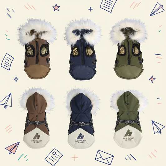 Pet Winter Coat with Graphene Heating Long Furry Collar Hooded Dog Jacket Reflective Leash D-Ring