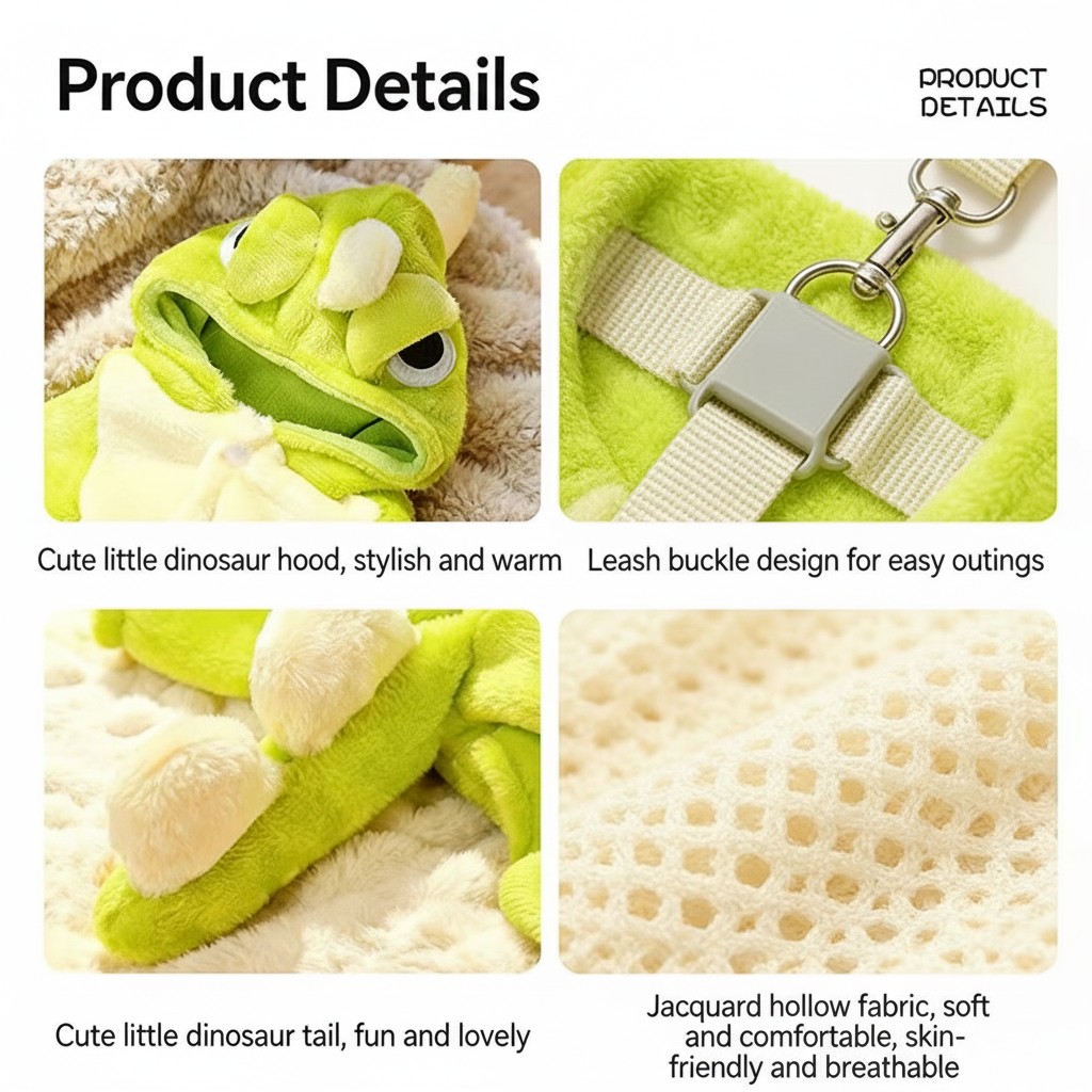Cute Dinosaur Pet Onesie - Plush Dog/Cat Costume with Leash Buckle, Warm Hood & Multi-Size Options (XS-2XL)