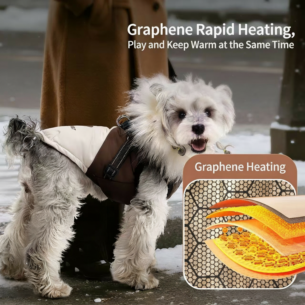 Pet Winter Coat with Graphene Heating Long Furry Collar Hooded Dog Jacket Reflective Leash D-Ring