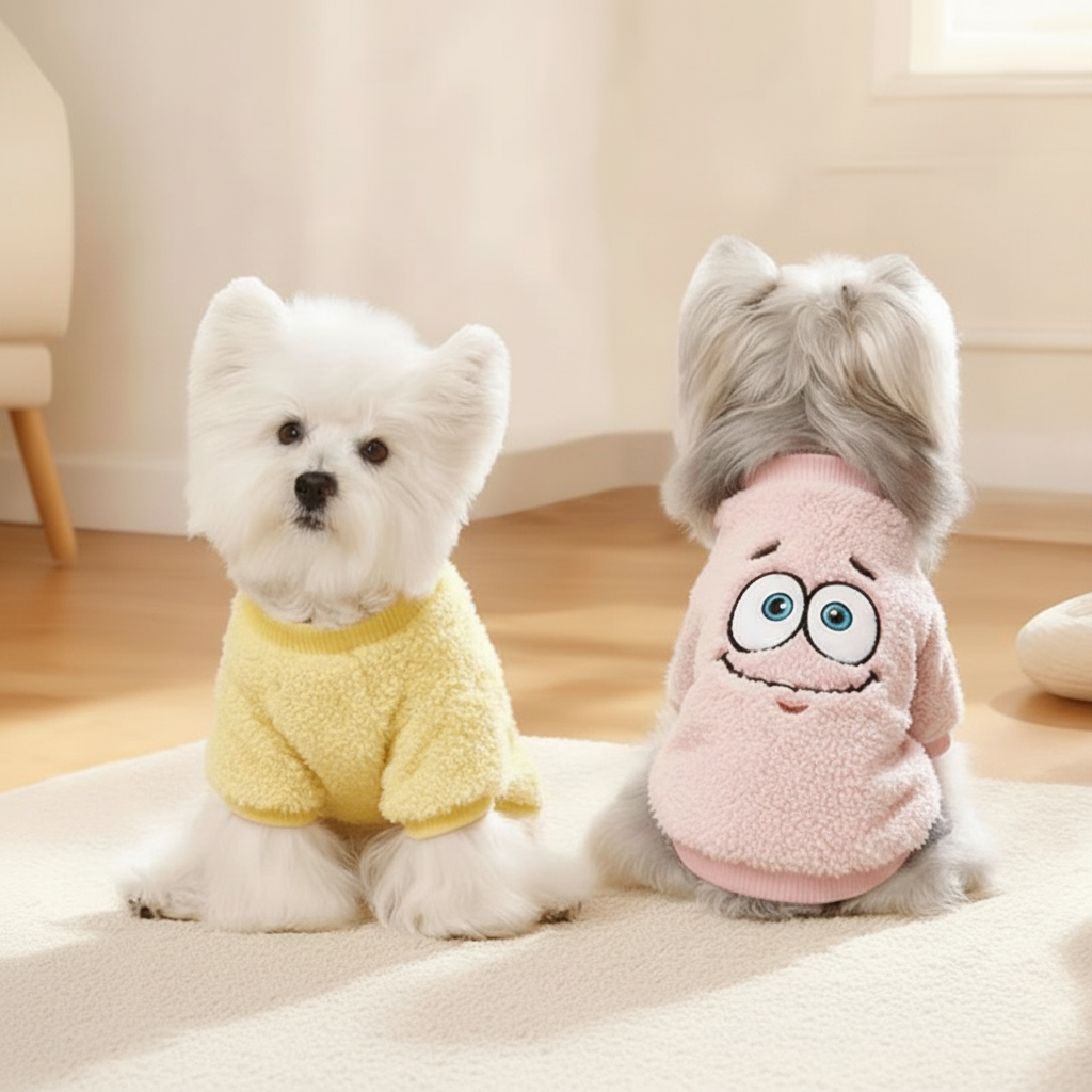 SpongeBob Embroidered Plush Pet Sweater - Soft Fleece Dog Clothes with Neck-Fit Design for Small to Medium Breeds