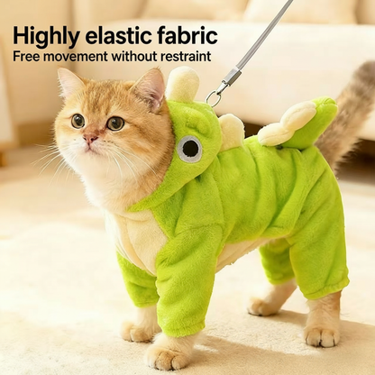 Cute Dinosaur Pet Onesie - Plush Dog/Cat Costume with Leash Buckle, Warm Hood & Multi-Size Options (XS-2XL)