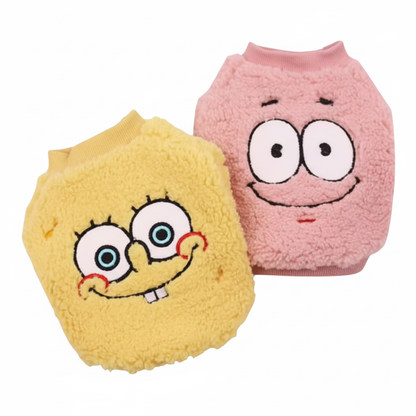 SpongeBob Embroidered Plush Pet Sweater - Soft Fleece Dog Clothes with Neck-Fit Design for Small to Medium Breeds