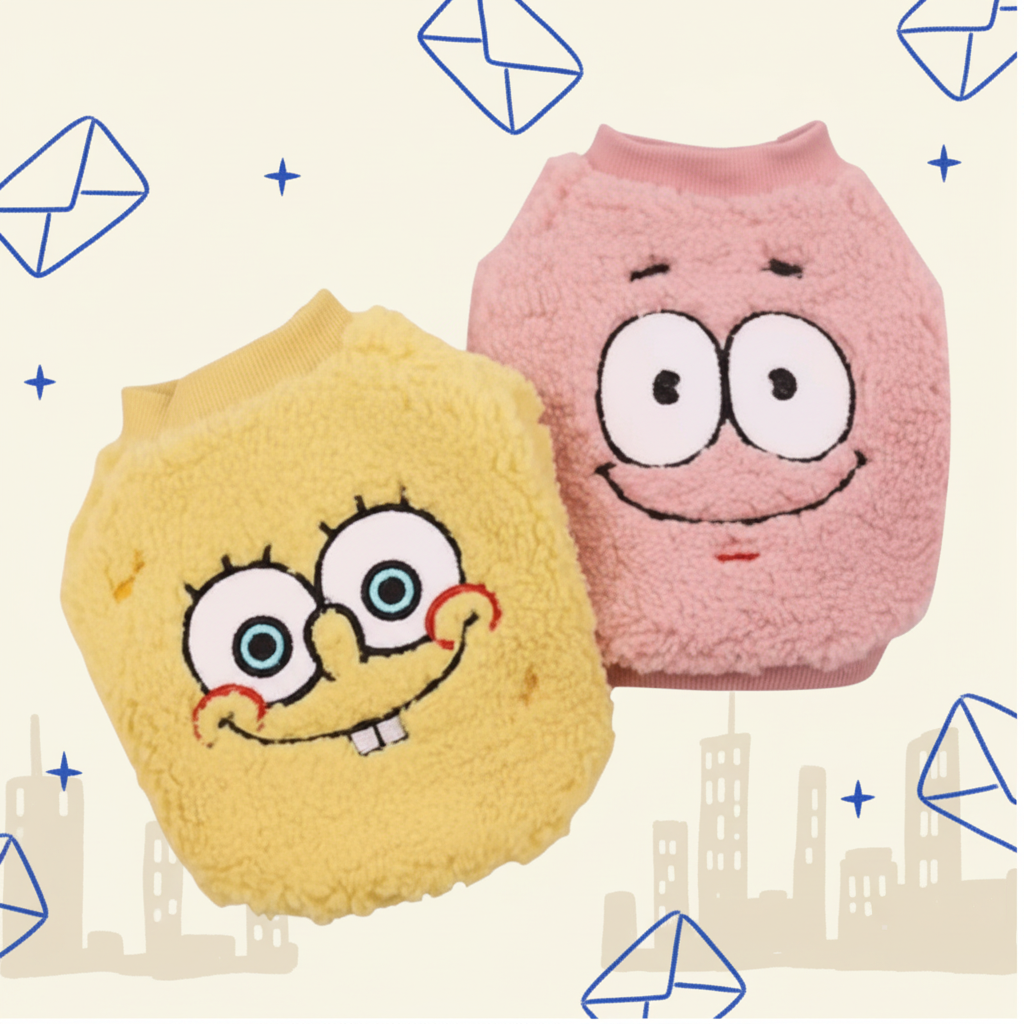 SpongeBob Embroidered Plush Pet Sweater - Soft Fleece Dog Clothes with Neck-Fit Design for Small to Medium Breeds
