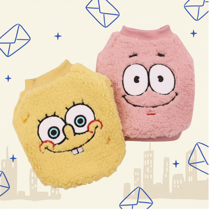 SpongeBob Embroidered Plush Pet Sweater - Soft Fleece Dog Clothes with Neck-Fit Design for Small to Medium Breeds