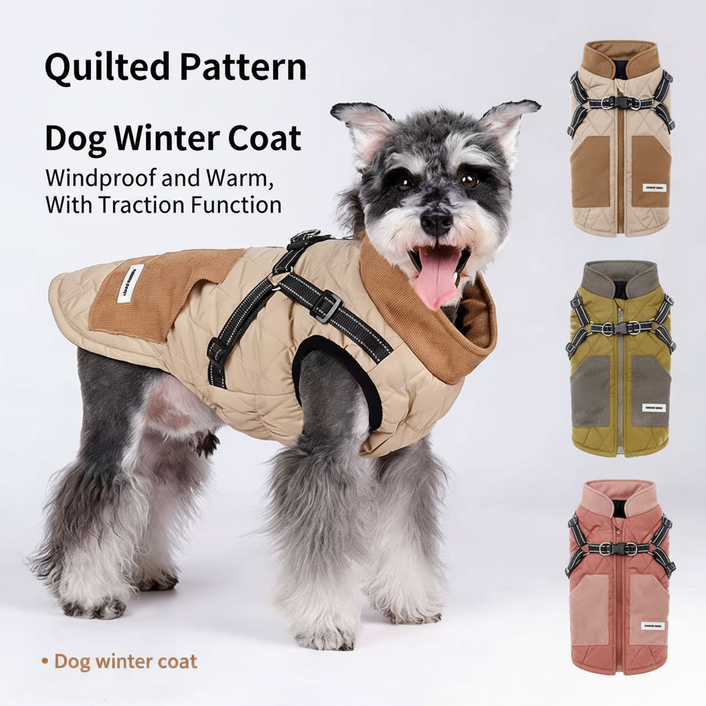 Quilted Dog Winter Coat Padded PP Cotton Windproof Pet Jacket Leash-Ready S-2XL