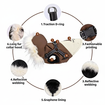 Pet Winter Coat with Graphene Heating Long Furry Collar Hooded Dog Jacket Reflective Leash D-Ring