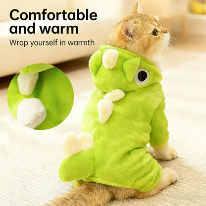 Cute Dinosaur Pet Onesie - Plush Dog/Cat Costume with Leash Buckle, Warm Hood & Multi-Size Options (XS-2XL)