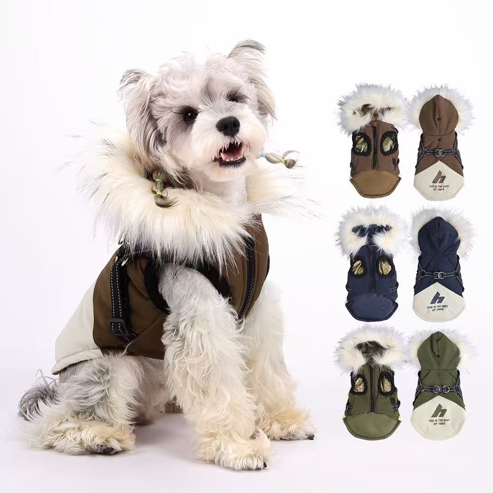 Pet Winter Coat with Graphene Heating Long Furry Collar Hooded Dog Jacket Reflective Leash D-Ring