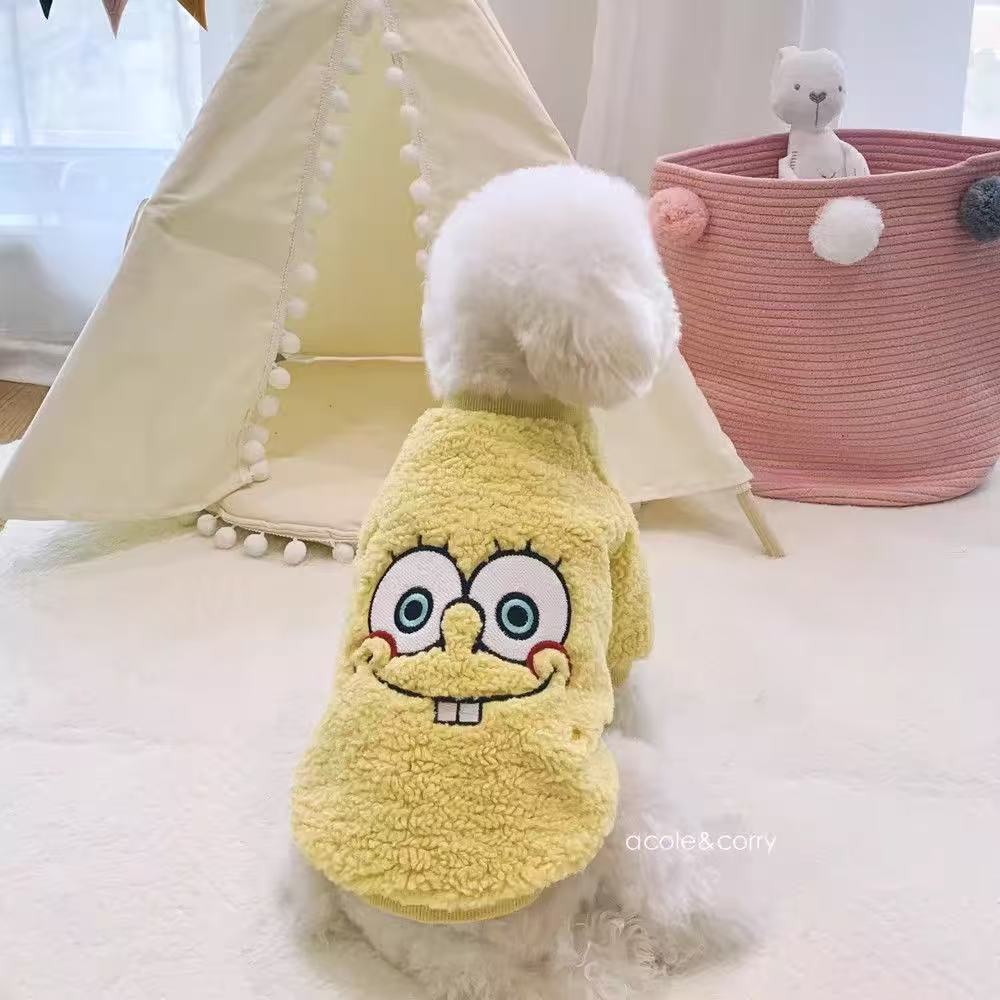 SpongeBob Embroidered Plush Pet Sweater - Soft Fleece Dog Clothes with Neck-Fit Design for Small to Medium Breeds