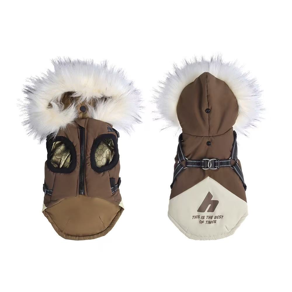 Pet Winter Coat with Graphene Heating Long Furry Collar Hooded Dog Jacket Reflective Leash D-Ring