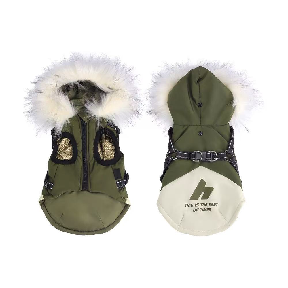 Pet Winter Coat with Graphene Heating Long Furry Collar Hooded Dog Jacket Reflective Leash D-Ring