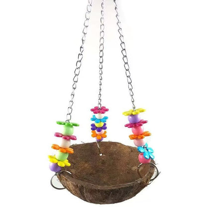 Parrot Coconut Shell Swing Bed - Bird Hanging Toy & Sleeping Nest (Coconut Shell 10-15cm, Total Height 30cm)
