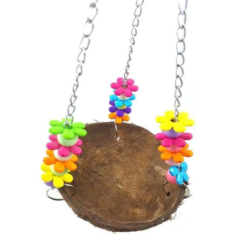 Parrot Coconut Shell Swing Bed - Bird Hanging Toy & Sleeping Nest (Coconut Shell 10-15cm, Total Height 30cm)