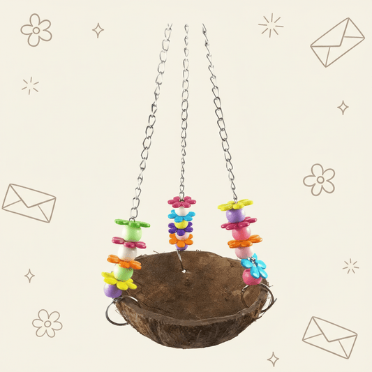 Parrot Coconut Shell Swing Bed - Bird Hanging Toy & Sleeping Nest (Coconut Shell 10-15cm, Total Height 30cm)