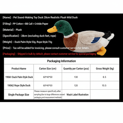 Squeaky Duck Pet Toy 28cm Realistic Plush Wild Duck for Dogs Interactive Chew Toy